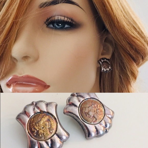 Vintage Jewelry - Rare Metal Slivery Antique Vintage Silver Italian Cameo Crest Post Earrings